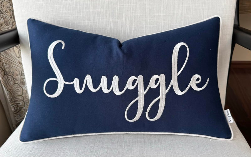 YugTex Romantic Couple Love Sentiment Embroidered Decorative Sayings Lumbar Accent Throw Pillowcase - Snuggle Phrase Decor for Wedding, Anniversary, Valentine - 12x20 Inches, Navy Blue - Image 4